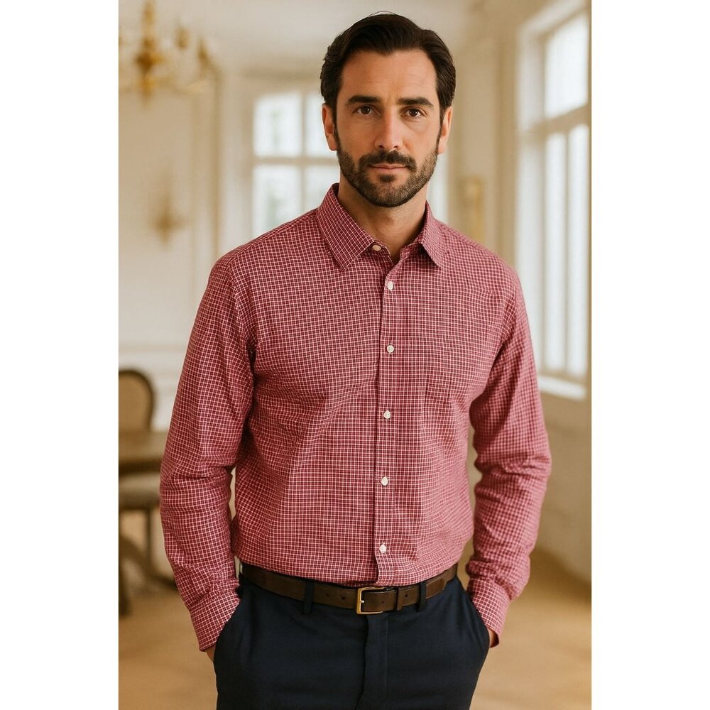 CAMPIA MODA Men's Lg Button Down Collar Oxford Long-Sleeve Shirt Red Blue Plaid